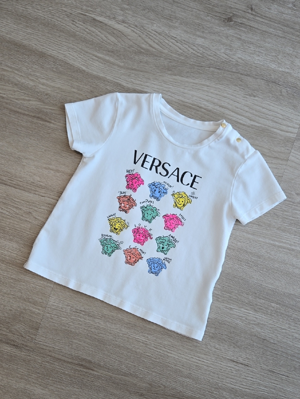 Versace White Kids T-Shirt with Multicolor Medusa Icons, Size 2-3y